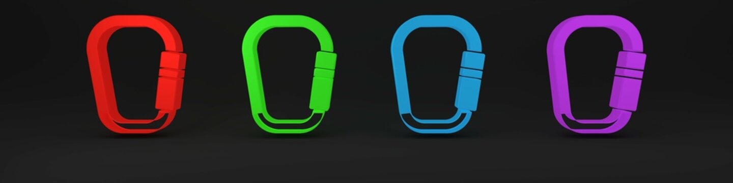 Colorful Carabiner icon isolated on black background. Extreme sport. Sport equipment. Minimalism concept. 3D render illustration