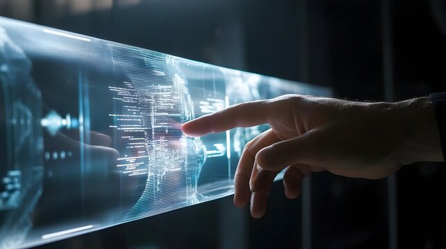 Hand Interacting with Transparent Flexible Digital Screen Displaying Floating Data