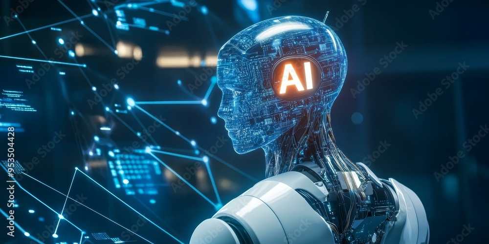 Poster ai robot head with glowing circuits.
