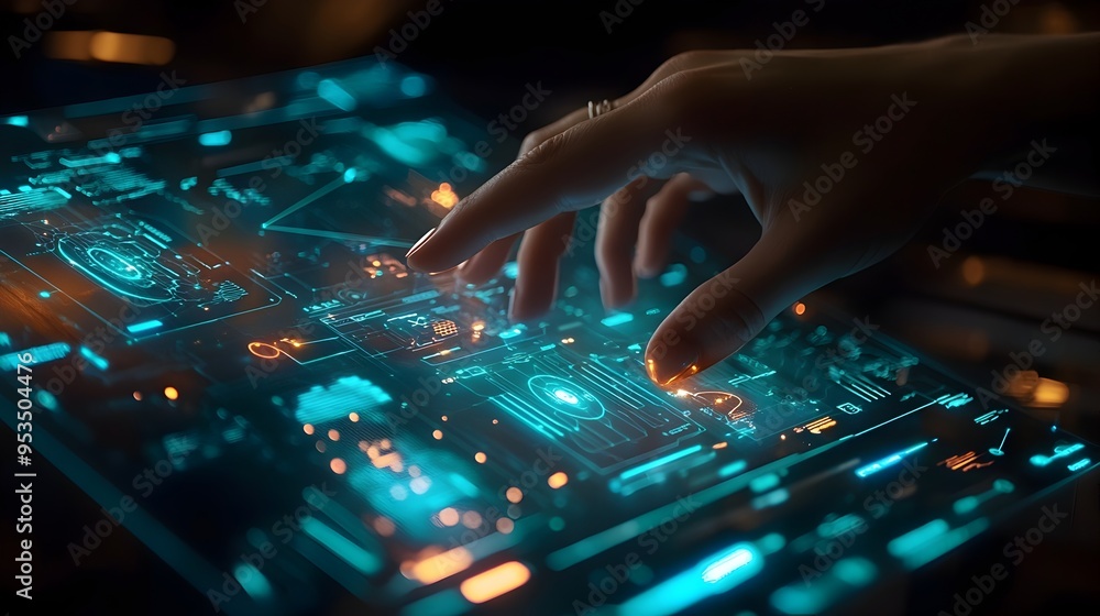 Poster hand holding transparent sheet with augmented reality interface and glowing tech elements