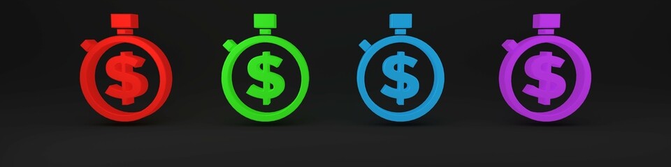 Colorful Time is money icon isolated on black background. Money is time. Effective time management. Convert time to money. Stopwatch sign. Minimalism concept. 3D render illustration