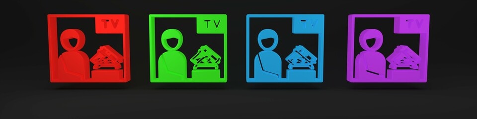 Colorful Television advertising weapon icon isolated on black background. Police or military handgun. Small firearm. Minimalism concept. 3D render illustration