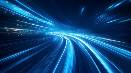 Obraz premium Blue light speed background with glowing lines, blue abstract technology banner design for digital video and film production, motion graphics or futuristic website template