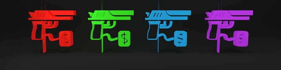 Colorful Buying gun pistol with price tag icon isolated on black background. Buying weapon. Minimalism concept. 3D render illustration