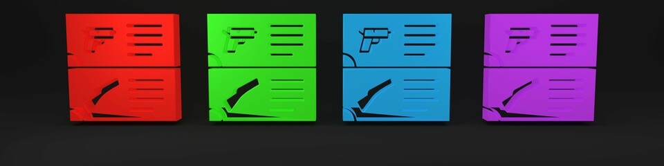 Colorful Weapon catalog icon isolated on black background. Police or military handgun. Small firearm. Minimalism concept. 3D render illustration