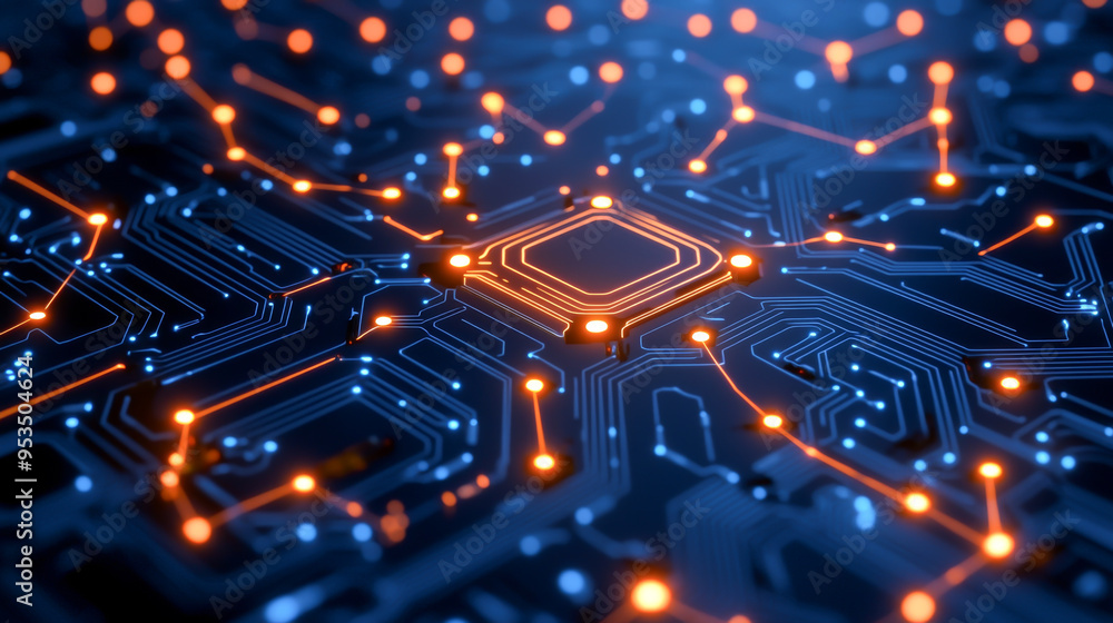 Poster a close-up of a futuristic circuit board with interconnected lines and glowing nodes in blue and ora