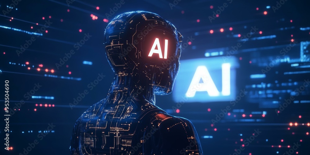 Poster a digital ai robot stands before a screen with glowing
