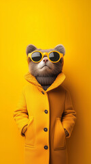 illustration of anthropomorphic cute bear wearing stylish yellow jacket and sunglasses against yellow background.