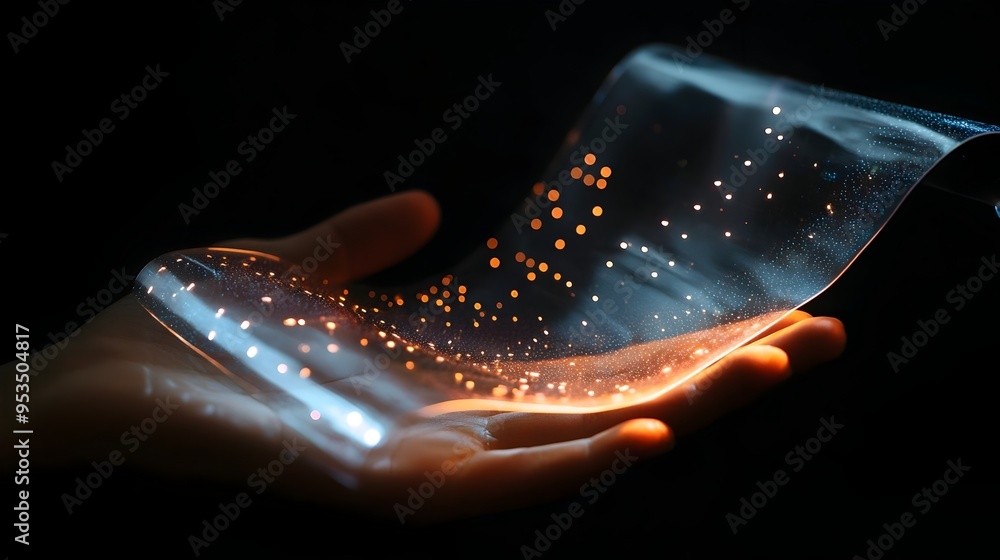 Poster hand showcasing futuristic flexible screen with digital data interface