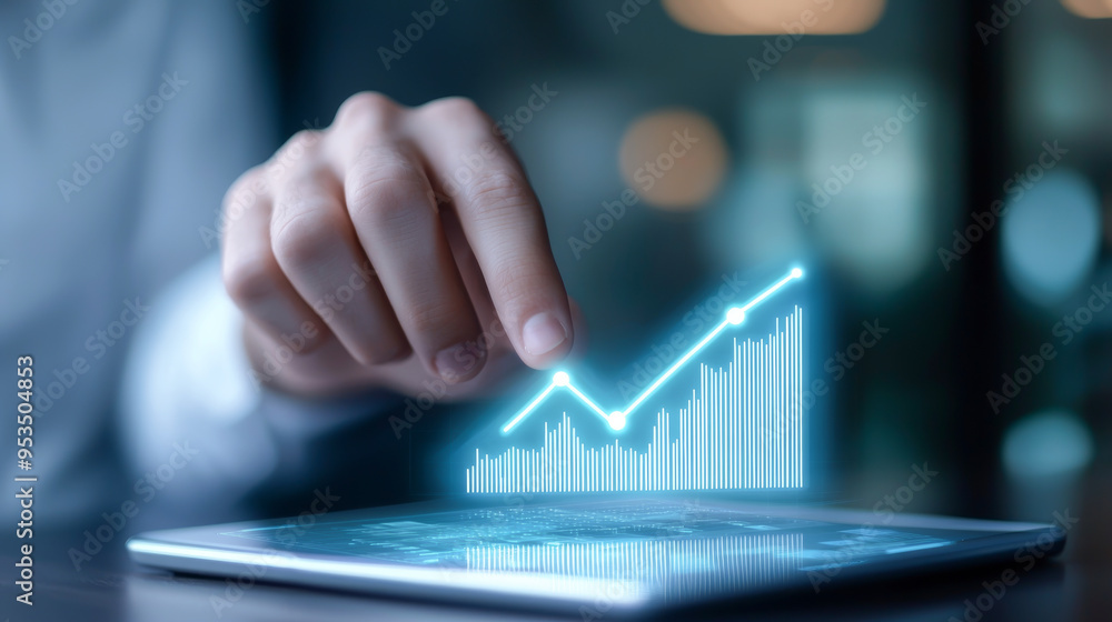Poster a close-up of a hand interacting with a digital tablet displaying a rising graph, symbolizing growth