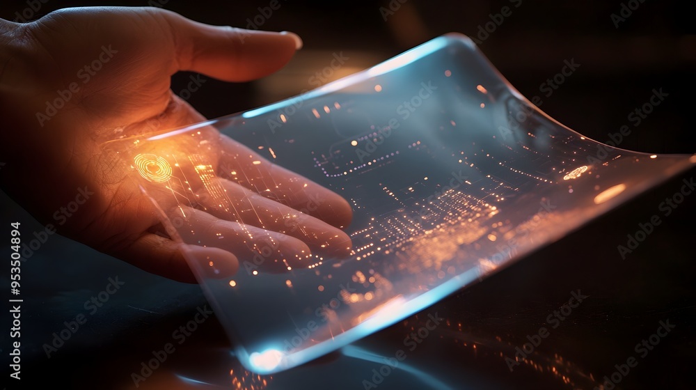 Poster hand showcasing transparent futuristic data interface screen