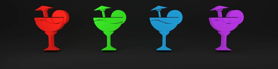 Colorful Cocktail and alcohol drink with umbrella icon isolated on black background. Minimalism concept. 3D render illustration