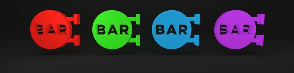 Colorful Street signboard with inscription Bar icon isolated on black background. Suitable for advertisements bar, cafe, restaurant. Minimalism concept. 3D render illustration