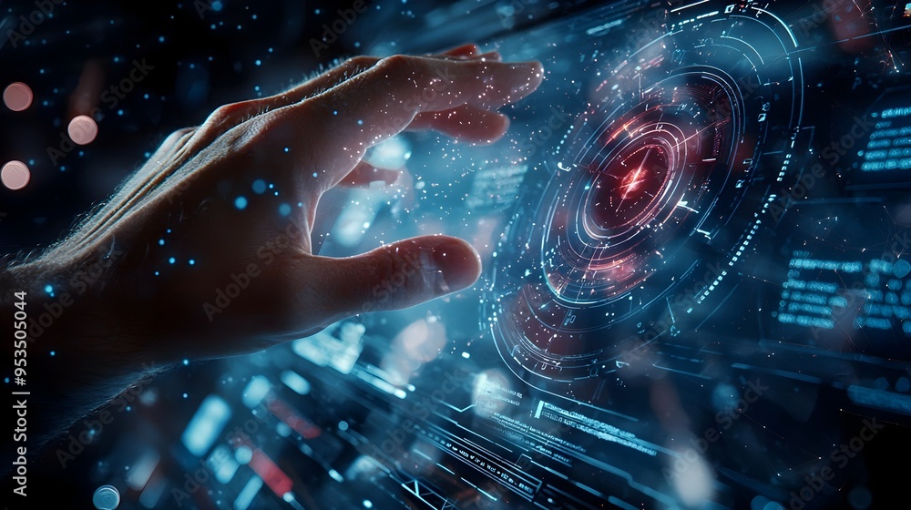 Poster hand touching futuristic holographic tech data display on transparent surface