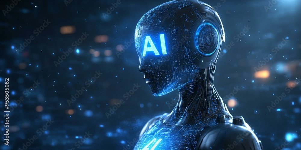 Poster ai robot with glowing blue circuits.