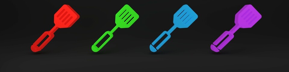 Colorful Spatula icon isolated on black background. Kitchen spatula icon. BBQ spatula sign. Barbecue and grill tool. Minimalism concept. 3D render illustration