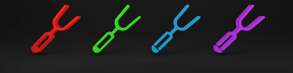 Obraz premium Colorful Barbecue fork icon isolated on black background. BBQ fork sign. Barbecue and grill tool. Minimalism concept. 3D render illustration