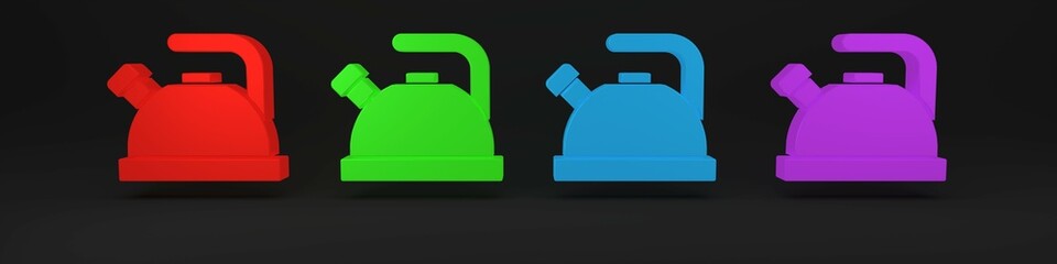Colorful Kettle with handle icon isolated on black background. Teapot icon. Minimalism concept. 3D render illustration