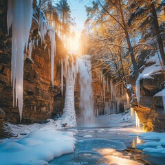 A stunning winter waterfall surrounded by ice, snow, and sunlight filtering through the trees, creating a serene winter scene.