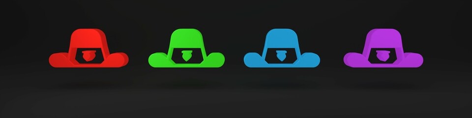 Colorful Sheriff hat with badge icon isolated on black background. Minimalism concept. 3D render illustration