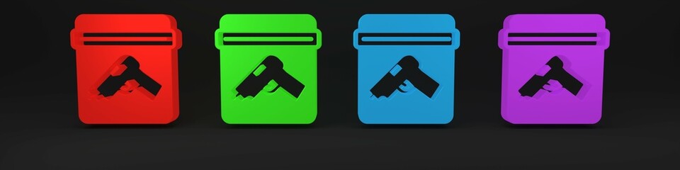Colorful Evidence bag with pistol or gun icon isolated on black background. Minimalism concept. 3D render illustration