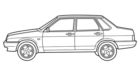 Classic city family class sedan car. 4 door car style from 90s on white background. Side view shot. Outline doodle vector illustration