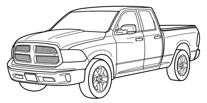 Ivano-Frankivsk, Ukraine - 25 July 2023: Outline drawing of a Dodge Ram 4 generation is a full-size pickup truck, 3d fron, rear side view. Vector doodle illustration, design for coloring book or print