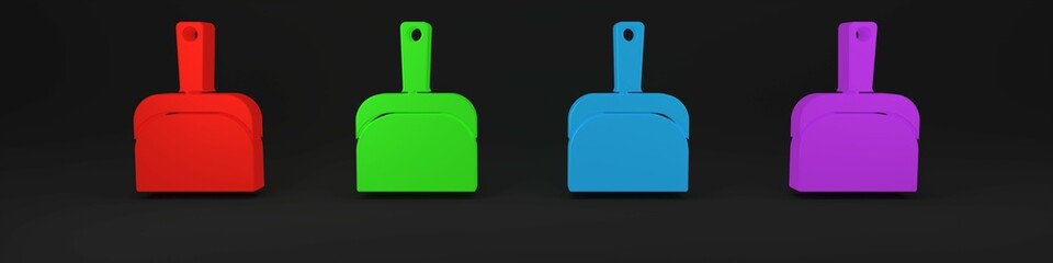 Fototapeta premium Colorful Dustpan icon isolated on black background. Cleaning scoop services. Minimalism concept. 3D render illustration