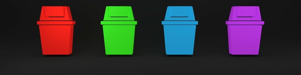 Colorful Trash can icon isolated on black background. Garbage bin sign. Recycle basket icon. Office trash icon. Minimalism concept. 3D render illustration