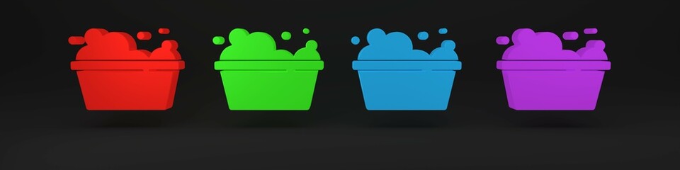Colorful Plastic basin with soap suds icon isolated on black background. Bowl with water. Washing clothes, cleaning equipment. Minimalism concept. 3D render illustration
