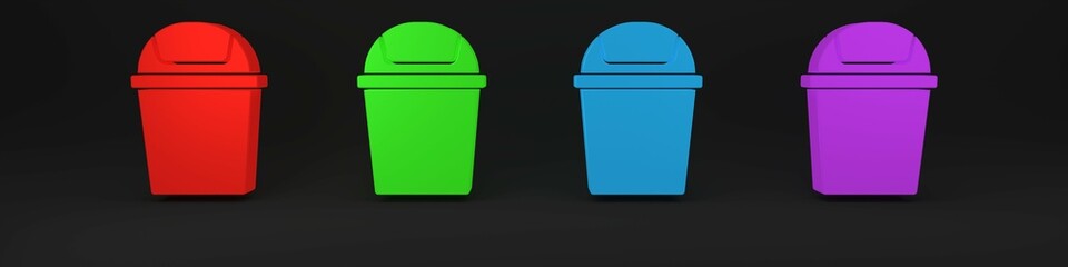 Colorful Trash can icon isolated on black background. Garbage bin sign. Recycle basket icon. Office trash icon. Minimalism concept. 3D render illustration