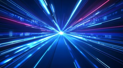 Obraz premium Blue light speed background with glowing lines, blue abstract technology banner design for digital video and film production, motion graphics or futuristic website template