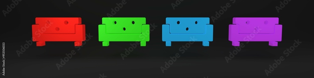 Poster colorful sofa icon isolated on black background. minimalism concept. 3d render illustration