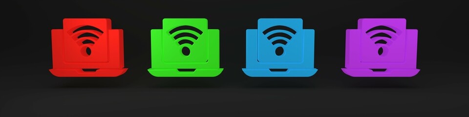 Colorful Wireless laptop icon isolated on black background. Internet of things concept with wireless connection. Minimalism concept. 3D render illustration