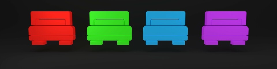 Colorful Hotel room bed icon isolated on black background. Minimalism concept. 3D render illustration