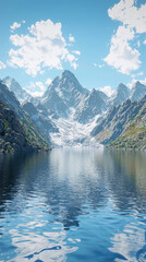 Fototapeta premium Tranquil Mountain Lake Reflects Sky, Creating a Serene, Dreamlike Scene.
