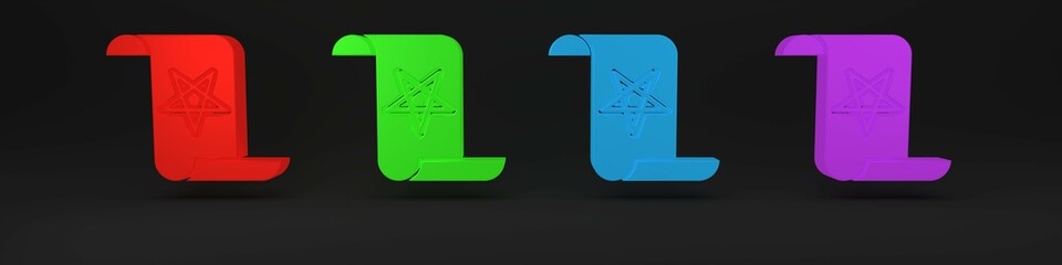 Colorful Ancient magic book with alchemy recipes and mystic spells and enchantments icon isolated on black background. Minimalism concept. 3D render illustration