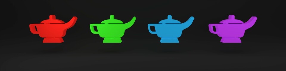 Obraz premium Colorful Magic lamp or Aladdin lamp icon isolated on black background. Spiritual lamp for wish. Minimalism concept. 3D render illustration
