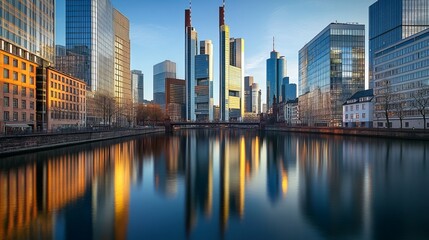 The gleaming skyscrapers and mirrored high rises of the international banks and finance corporations in the downtown Bankenviertel district of Frankfurt am Main, Germany.