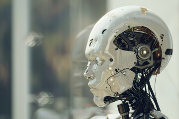 Fototapeta premium A robot with a face and a mouth is standing in front of a building,