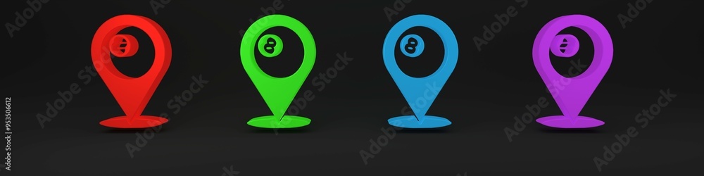 Poster colorful map pointer with billiard pool snooker ball with number 8 icon isolated on black background