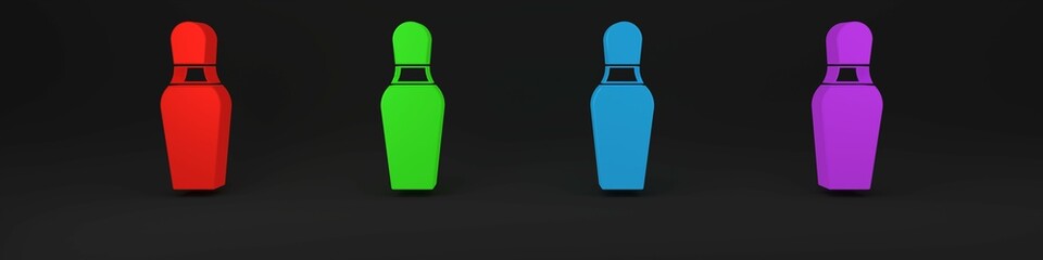 Colorful Bowling pin icon isolated on black background. Minimalism concept. 3D render illustration