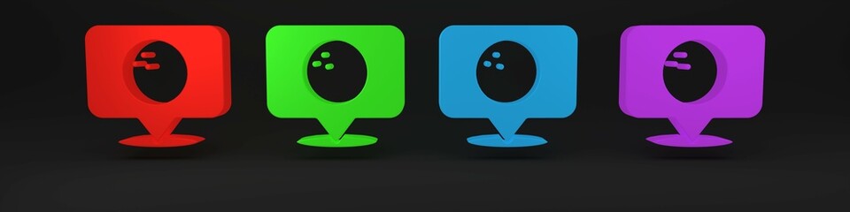 Colorful Map pointer with bowling ball icon isolated on black background. Sport equipment. Minimalism concept. 3D render illustration