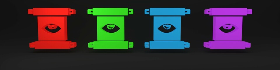 Obraz premium Colorful Ancient magic scroll with alchemy recipes and mystic spells and enchantments icon isolated on black background. Minimalism concept. 3D render illustration