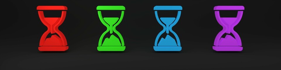 Colorful Old hourglass with flowing sand icon isolated on black background. Sand clock sign. Business and time management concept. Minimalism concept. 3D render illustration