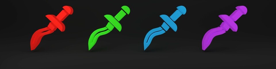 Colorful Dagger icon isolated on black background. Knife icon. Sword with sharp blade. Minimalism concept. 3D render illustration