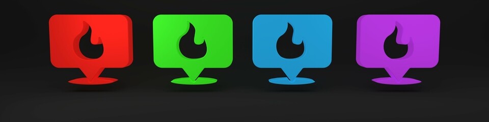 Colorful Map pointer with fire flame icon isolated on black background. Fire nearby. Minimalism concept. 3D render illustration