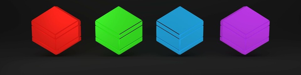 Colorful Brownie chocolate cake icon isolated on black background. Minimalism concept. 3D render illustration