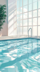 Obraz premium A Tranquil Escape: A Modern Poolside Oasis with Sunlight Streaming Through Large Windows