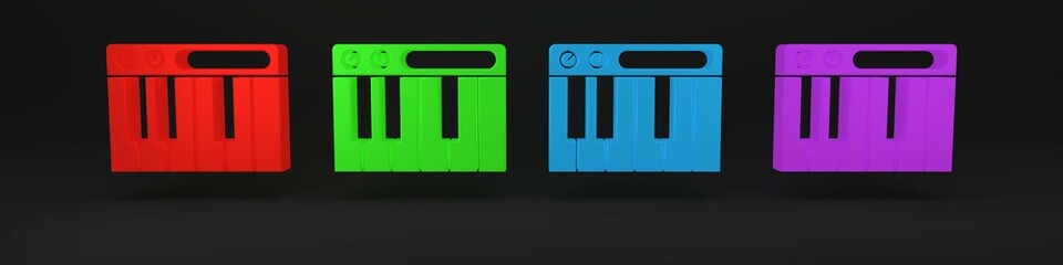 Colorful Music synthesizer icon isolated on black background. Electronic piano. Minimalism concept. 3D render illustration